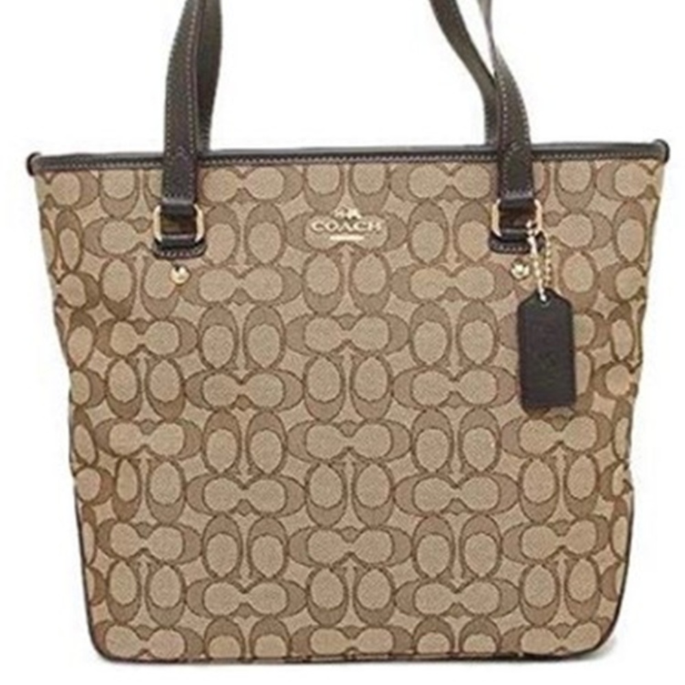 Coach Outline Signature Zip Top Tote Shoulder Bag